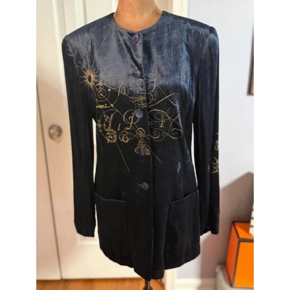 Vintage 90s Mondi Navy Velvet Gold Embroidered Nautical Jacket Size 34